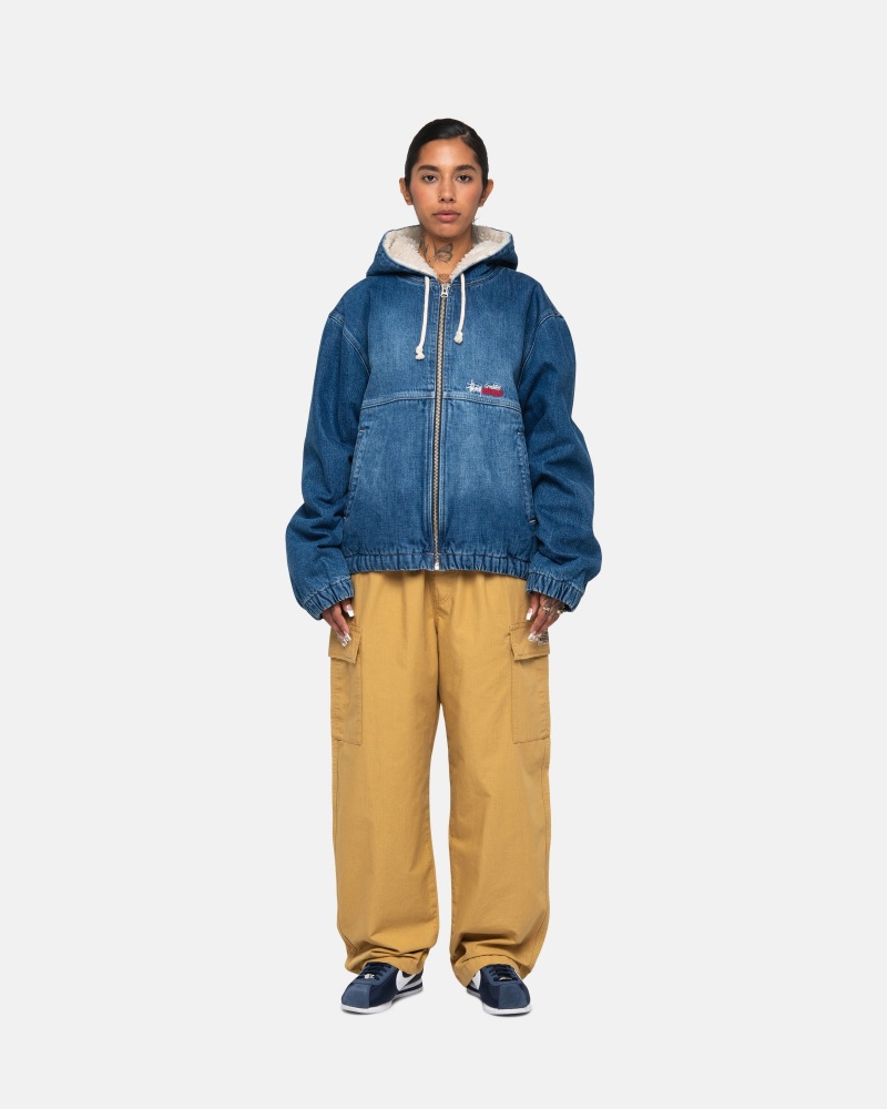 Washed Blue Stüssy Work Jacket Denim Sherpa | RCNQ9-5036