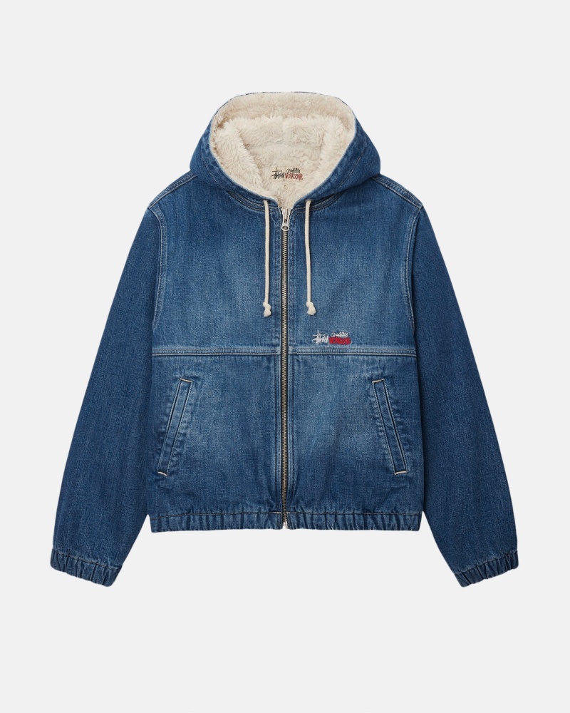 Washed Blue Stüssy Work Jacket Denim Sherpa | RCNQ9-5036