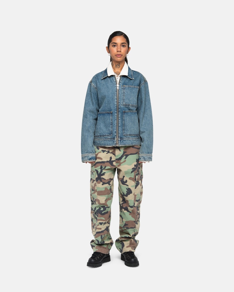 Washed Blue Stüssy Zip Work Jacket Denim | QLBO9-2105