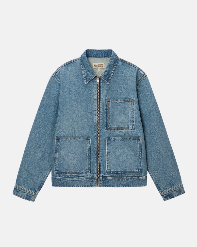 Washed Blue Stüssy Zip Work Jacket Denim | QLBO9-2105