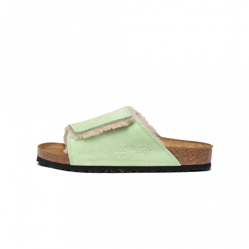 Washed Green Stüssy & Birkenstock Solana Shearling Slide | NSJM9-5146